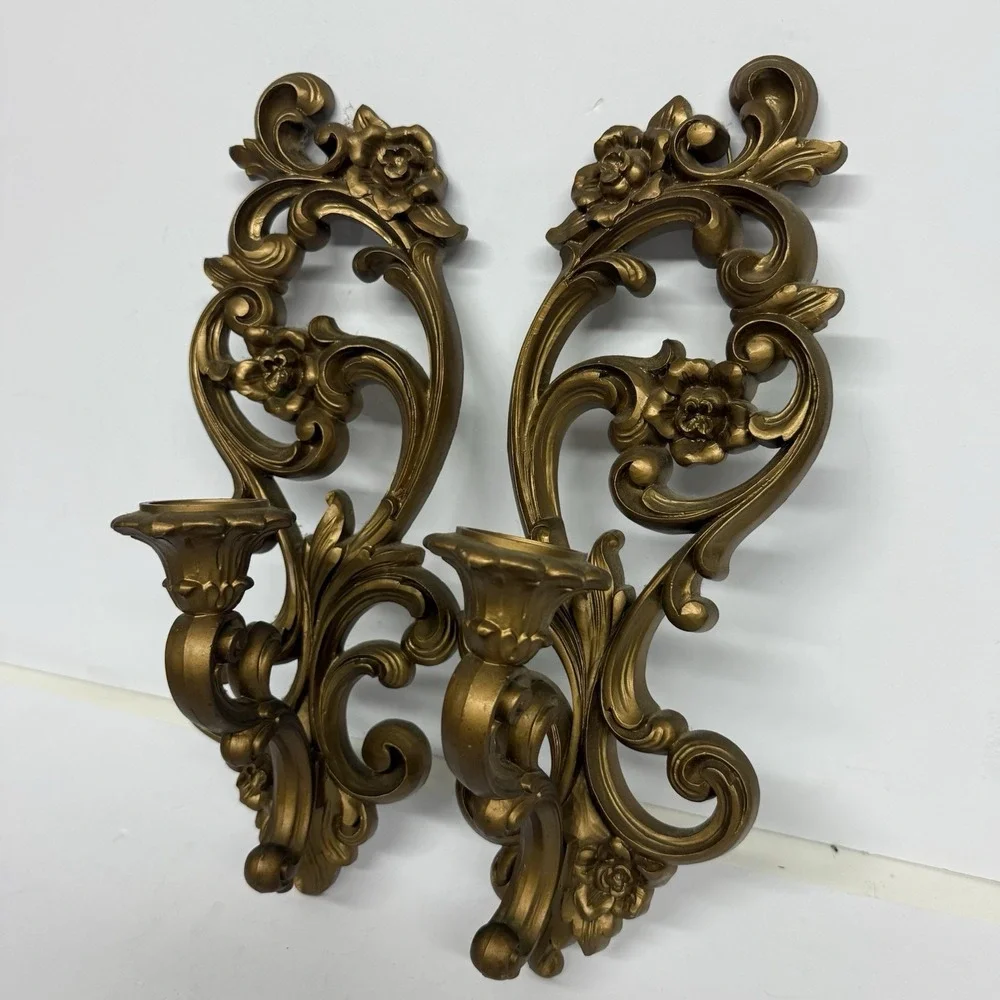 2 Vintage Homco Syroco Ornate Wall Sconce Candle Holder Floral Hollywood Regency